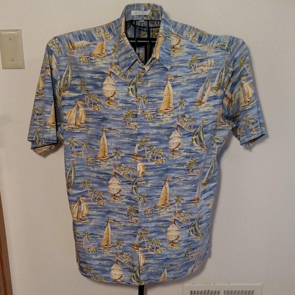 Pierre Cardin short sleeve tropical shirt, blue green & tan, exc. cond., size L
